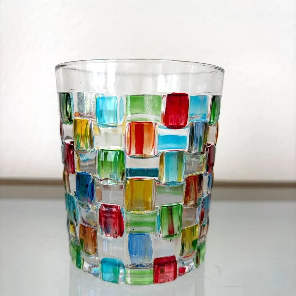 NEW Hand Painted Italian Crystal Whiskey Glasses 2pc 10oz Colorful Mosaic